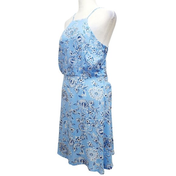 Blue Floral Halter Neck Sleeveless Midi Dress With Lace-Up Back Size M - Picture 6 of 10